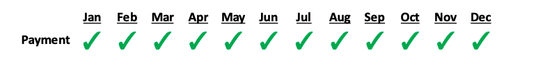 On-time payment history reported to the 3 major credit bureaus