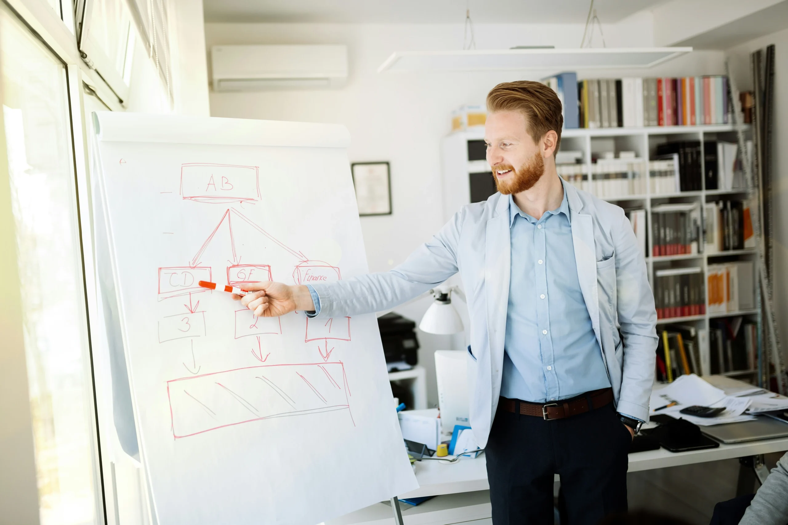 man pointing at business board